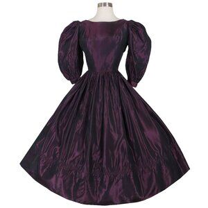 Vintage 80s 50s Laura Ashley Dark Purple Taffeta Half Puff Sleeves Full Skirt
